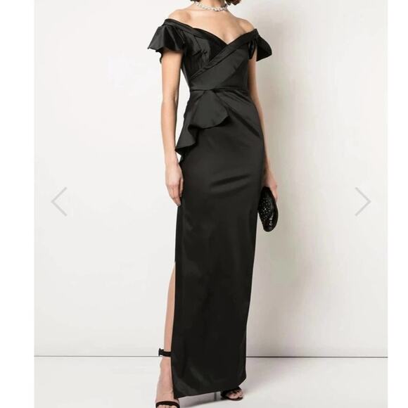 Marchesa Notte Off Shoulder Satin Draped Dress Black Size 0 - Picture 4 of 8